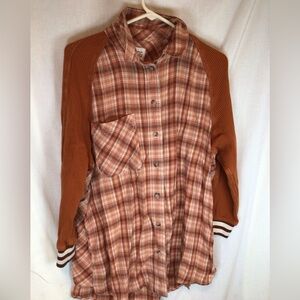 BDG Womens Rust Orange Plaid Waffle Knit Long Sleeve Button Up Shirt Sz L VGUC